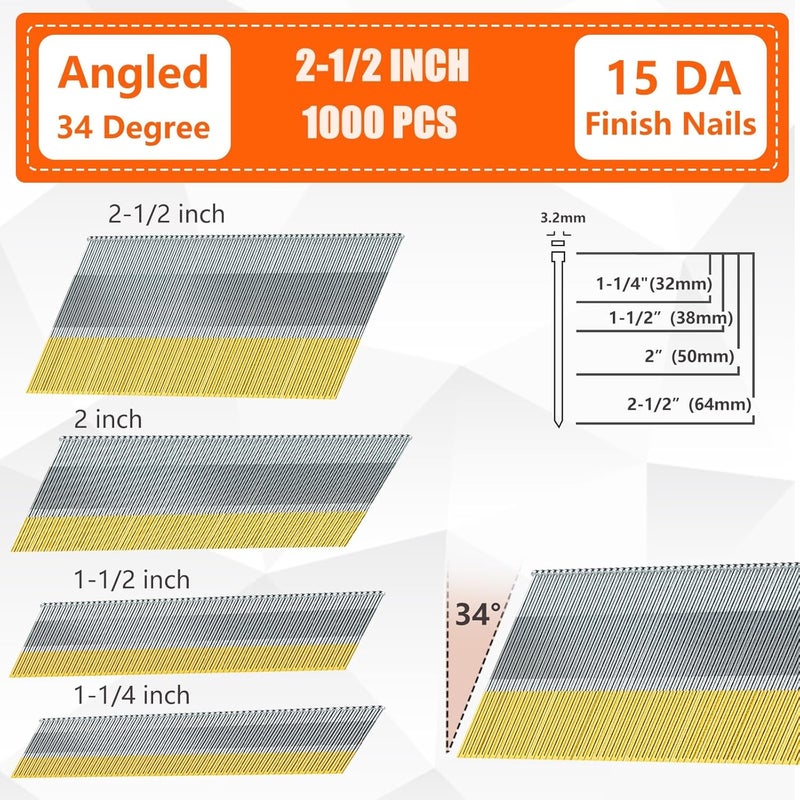 SITLDY 15 Gauge DA Angled Finish Nails, 34-Degree, 2-1/2 Inch 1000-Pack Galvanized, for Pneumatic, Electric Angled Finish Nailer - Image 2